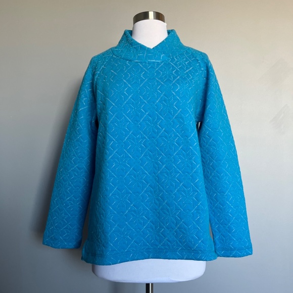 Talboots Snowflake Quilt Wrap Neck Cotton Metallic Thread Turquoise Pullover Top - Picture 3 of 11
